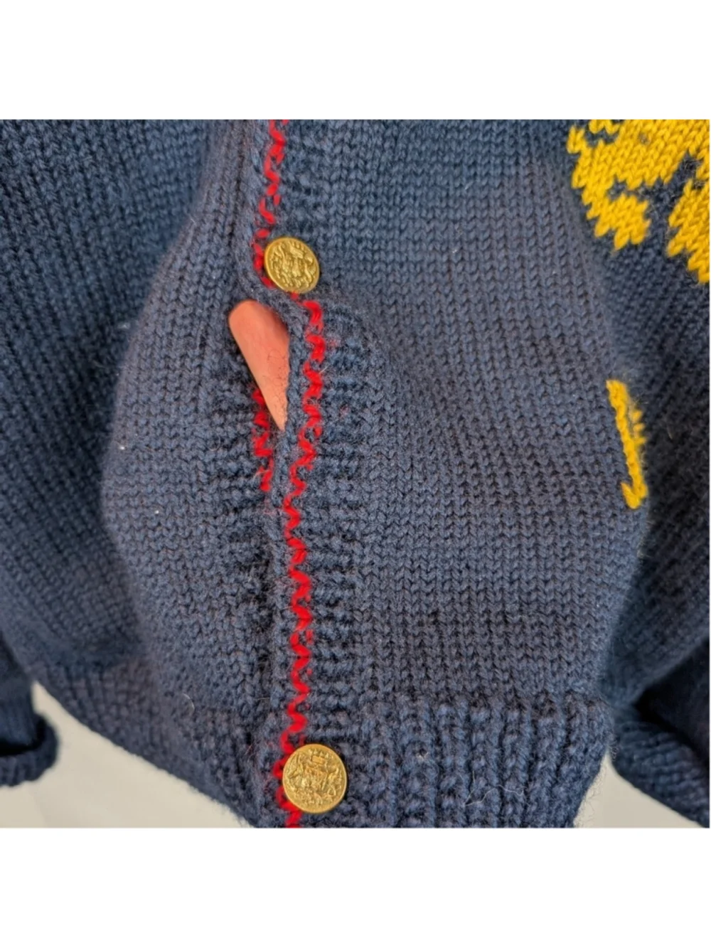 Handmade Wool Navy Cardigan with Yellow Lion Accents Size L In VGUC